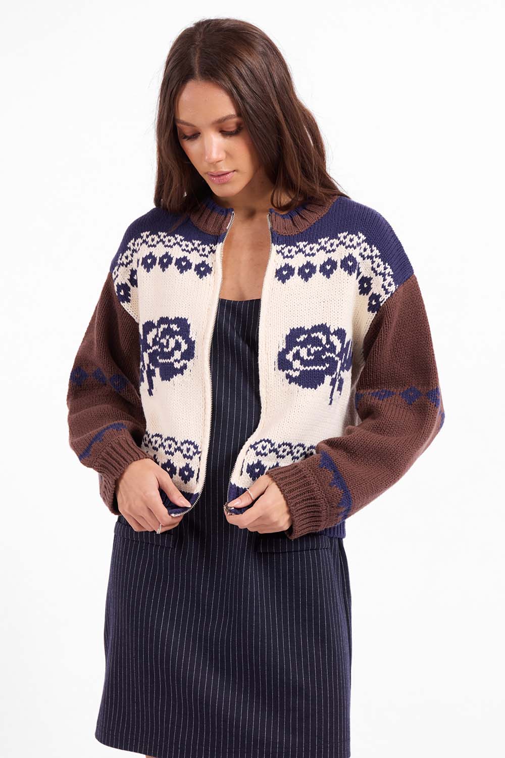 Sage the Label Sweet Rose Sweater Jacket in Navy Oak Multi — Front view