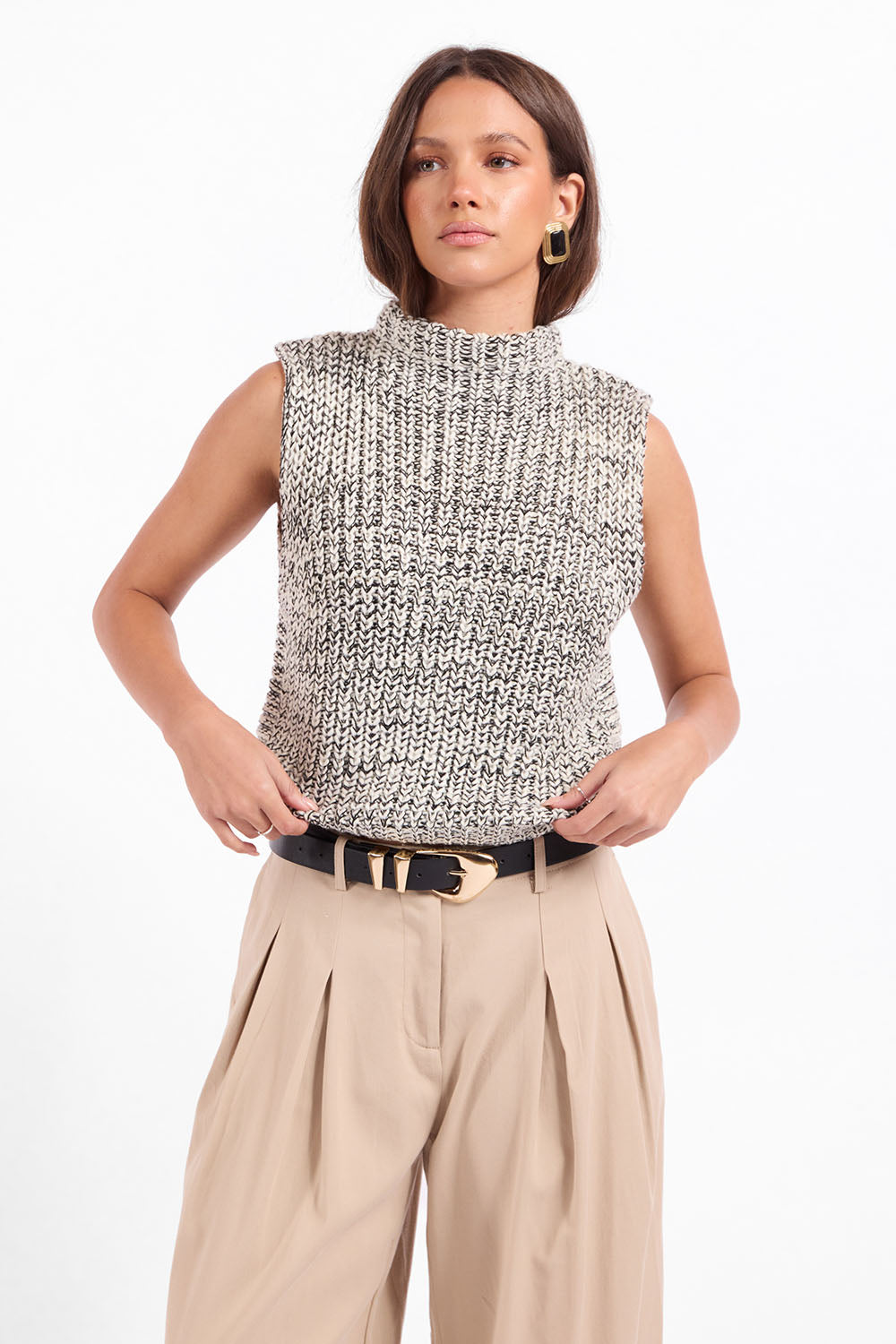 Sage the Label Williams Sleeveless Sweater in Ivory Black — Front view
