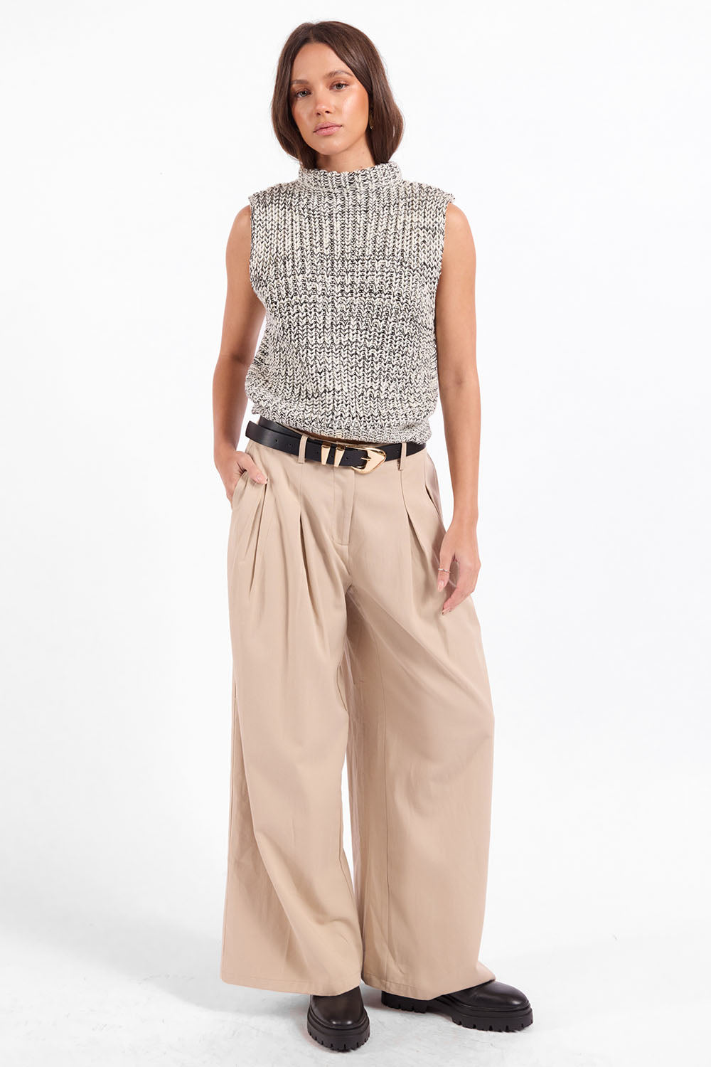 Sage the Label Williams Sleeveless Sweater in Ivory Black — Full-body view