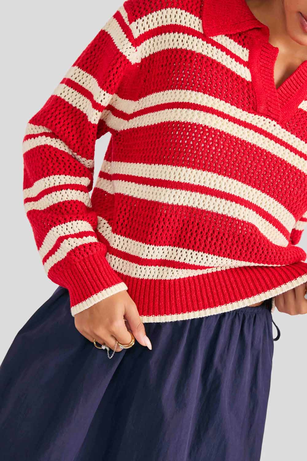 sage the label caddie collared sweater red ivory detail
