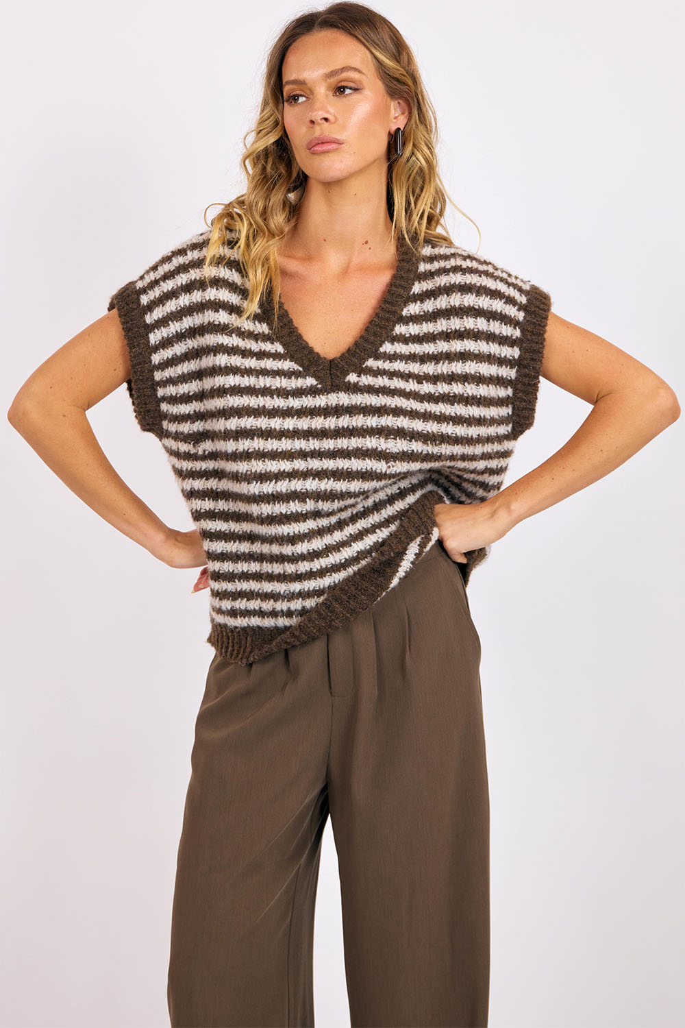 Sage the Label - Chantal Stripe Sweater Vest - Oak Cream - Front