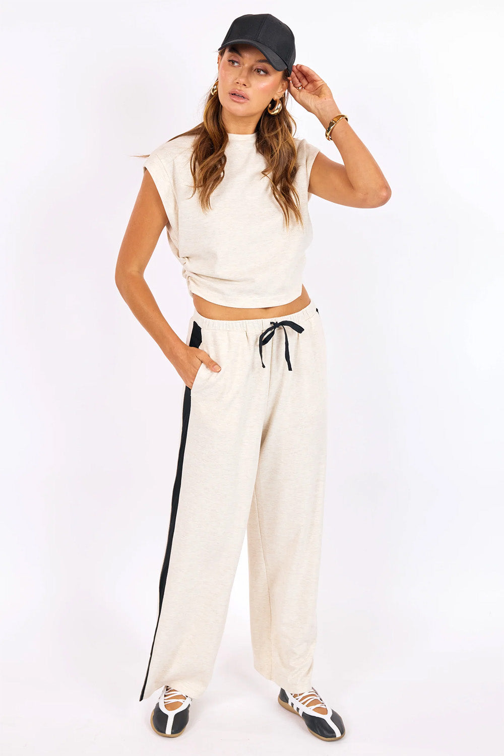 sage the label metro knit pants heather oatmeal black front