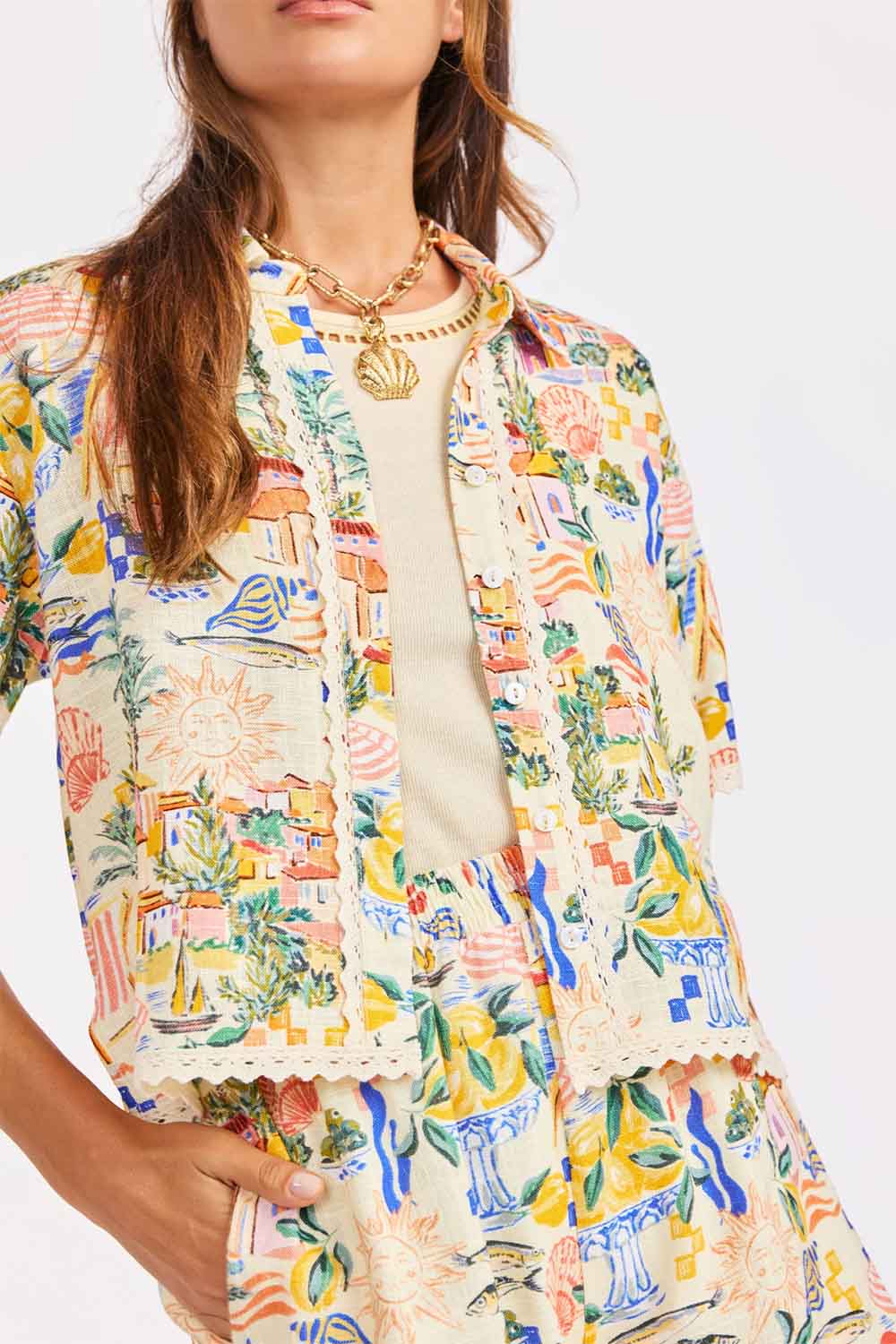 sage the label nostalgic paradise button up coral rose multi detail