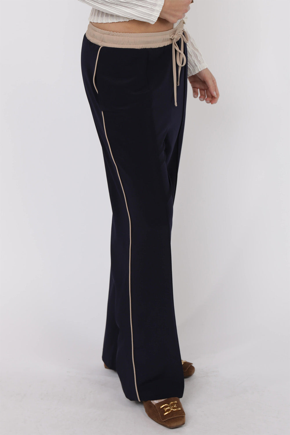 Sage the Label - On Film Drawstring Pant - Navy Tan - Side