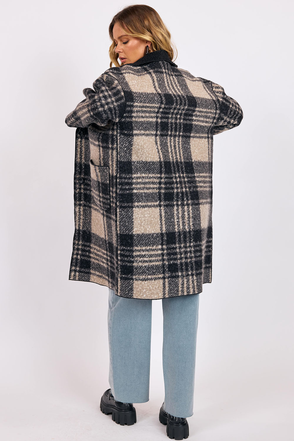 sage the label sabrina double faced plaid coat black multi back