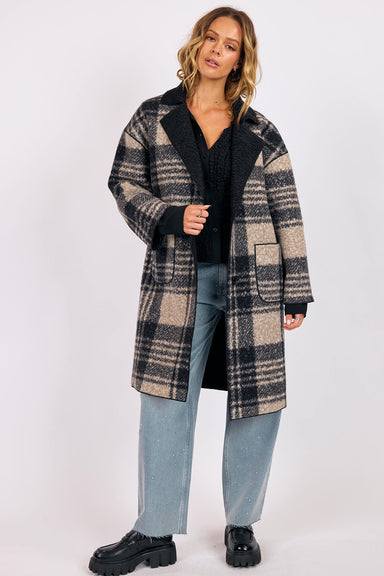 sage the label sabrina double faced plaid coat black multi front 