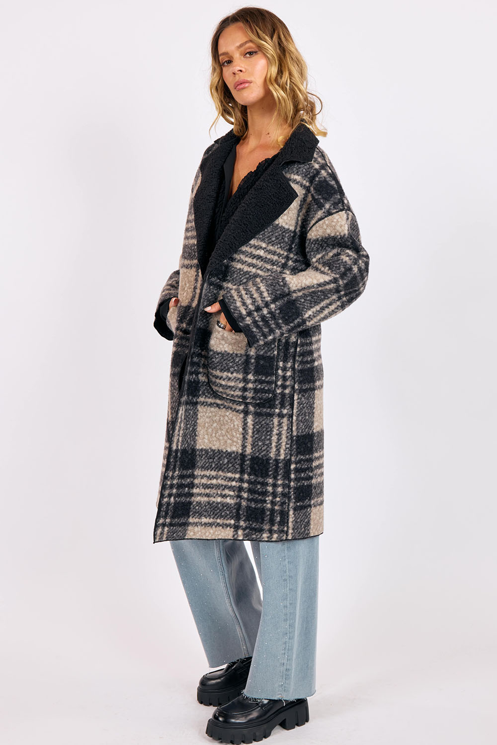 sage the label sabrina double faced plaid coat black multi side
