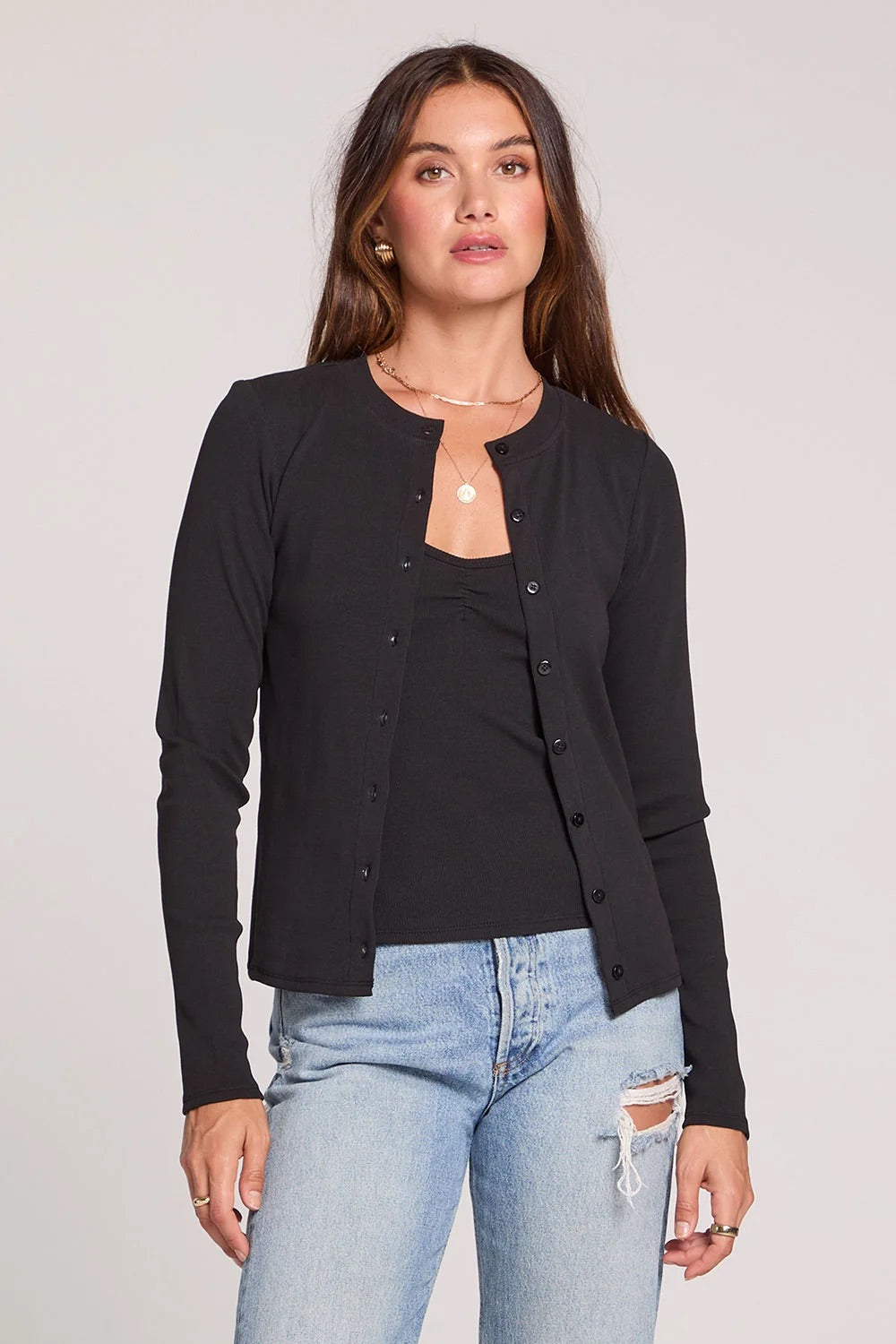 Long Sleeve Cardigan in Black — Front view
