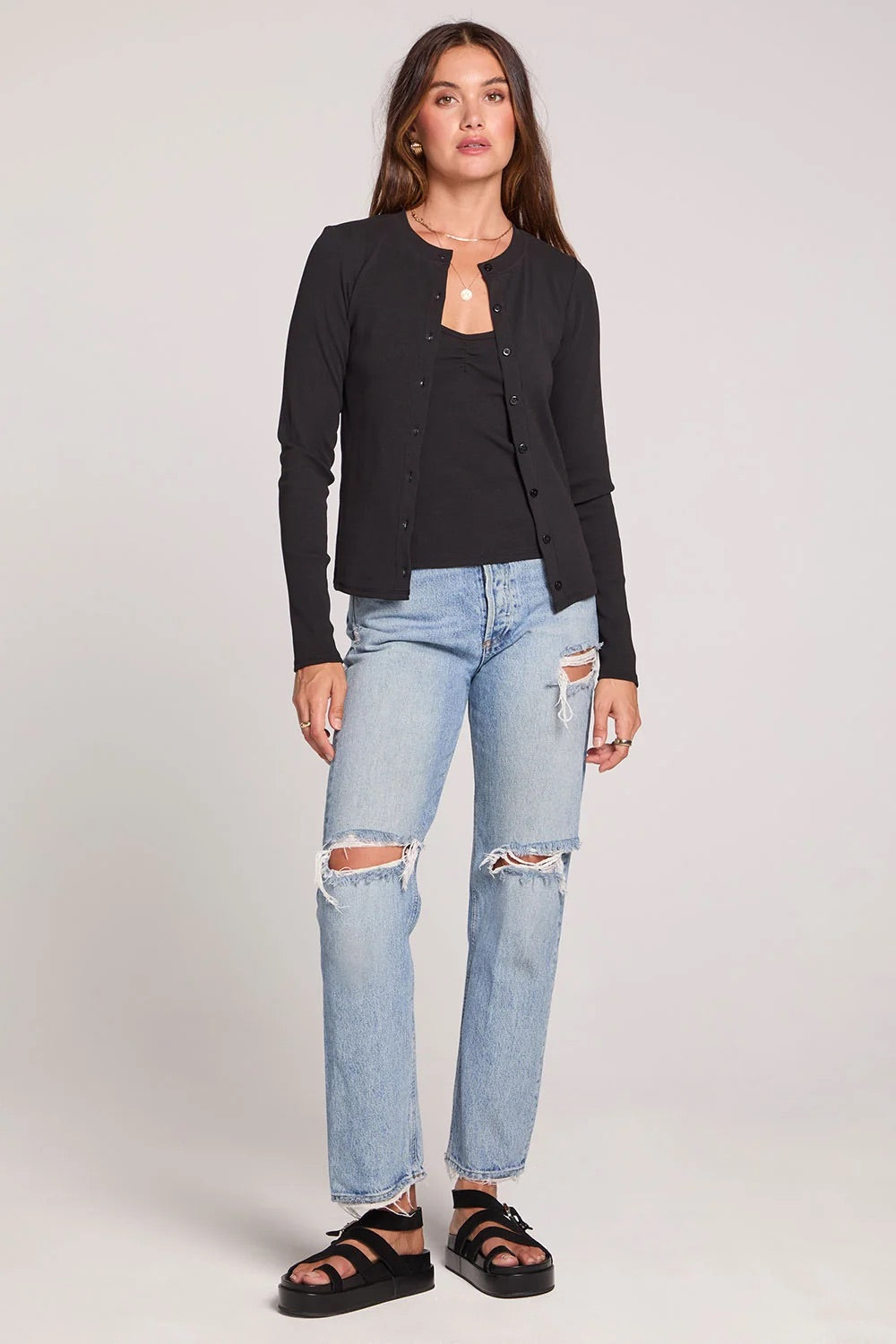 Long Sleeve Cardigan in Black — Full-body view