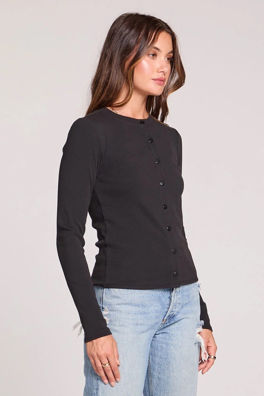Long Sleeve Cardigan in Black — Quarter view