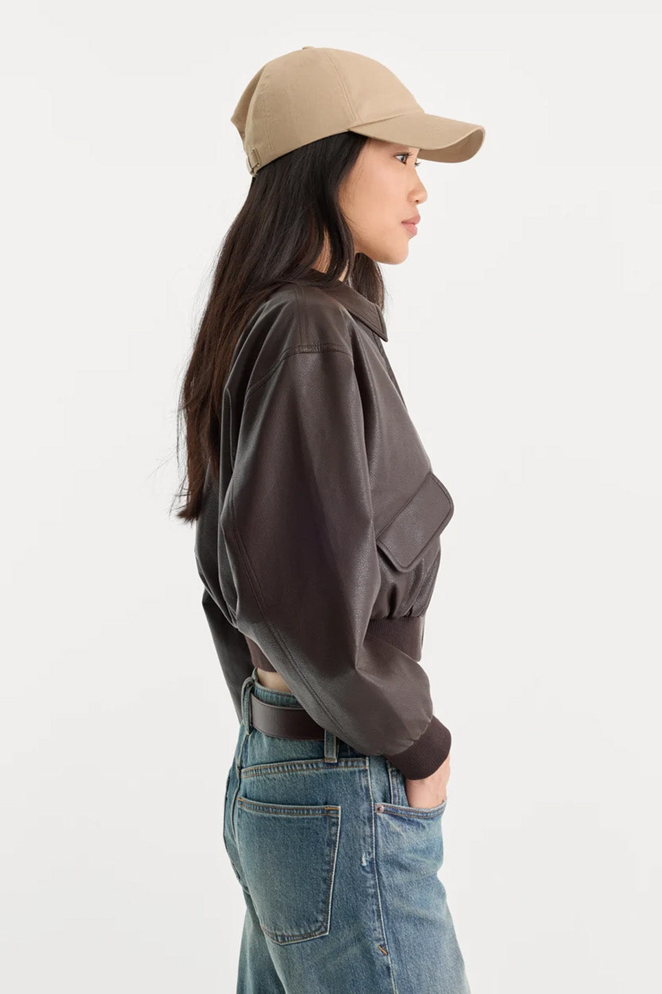 Good American The Better Than Leather Bomber in Espresso — Side view