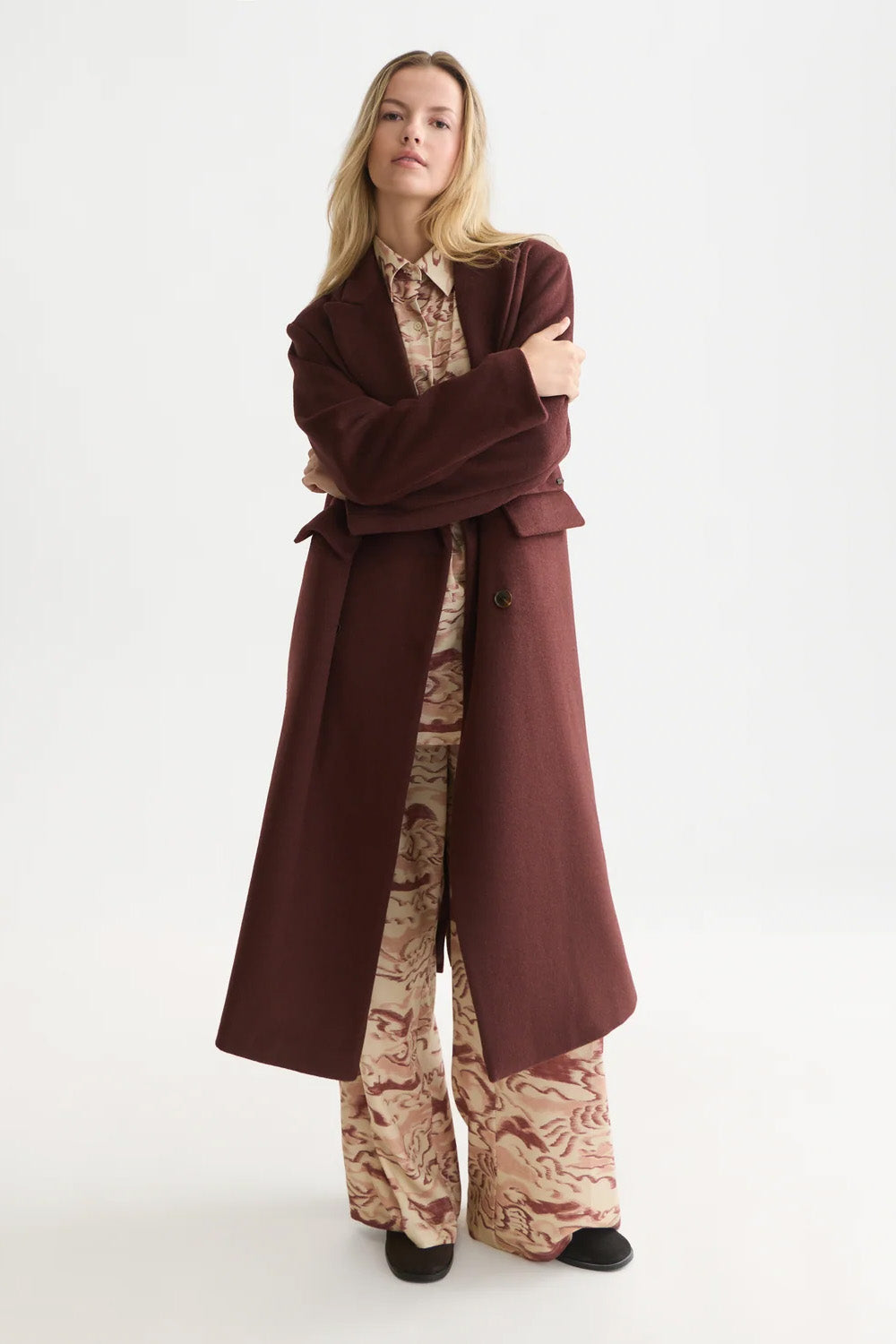 Scotch & Soda Double Breasted Wool Long Coat in Bitter Chocolate — Front view