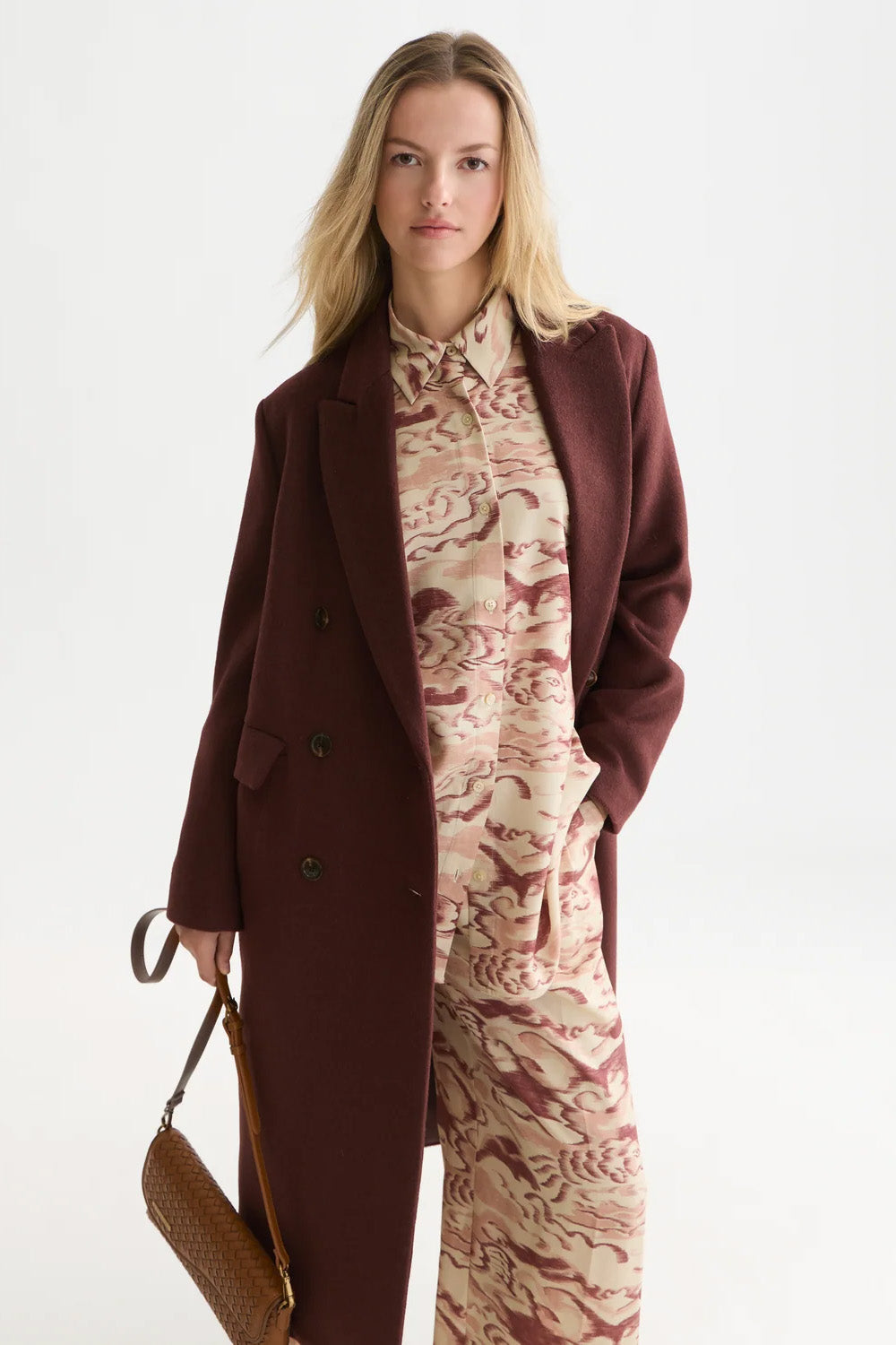 Scotch & Soda Double Breasted Wool Long Coat in Bitter Chocolate — Quarter view