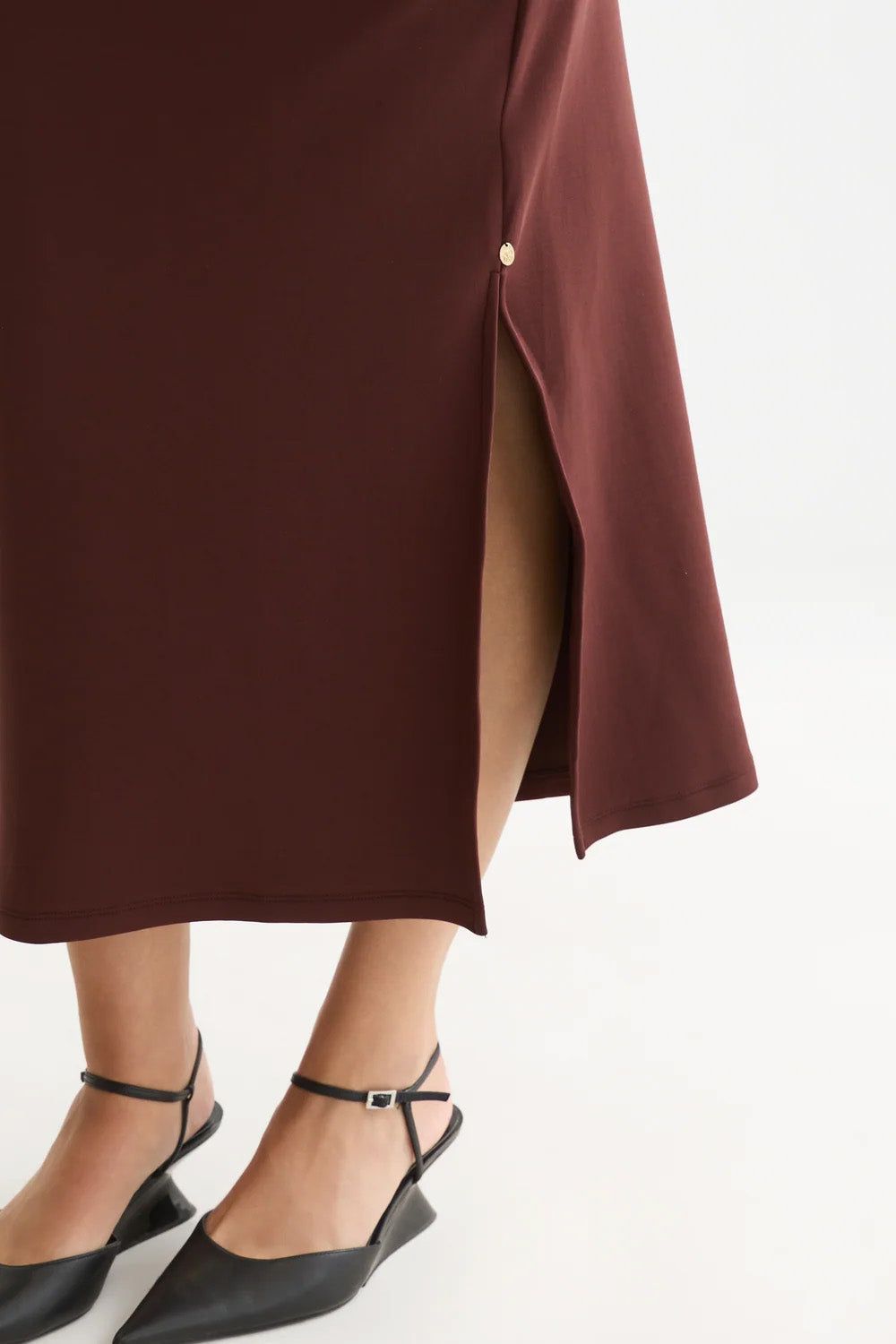 Scotch & Soda Drapey Tencel Skirt in Bitter Chocolate — Slit detail view