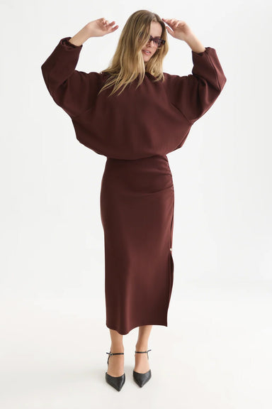 Scotch & Soda Drapey Tencel Skirt in Bitter Chocolate — Full-body view