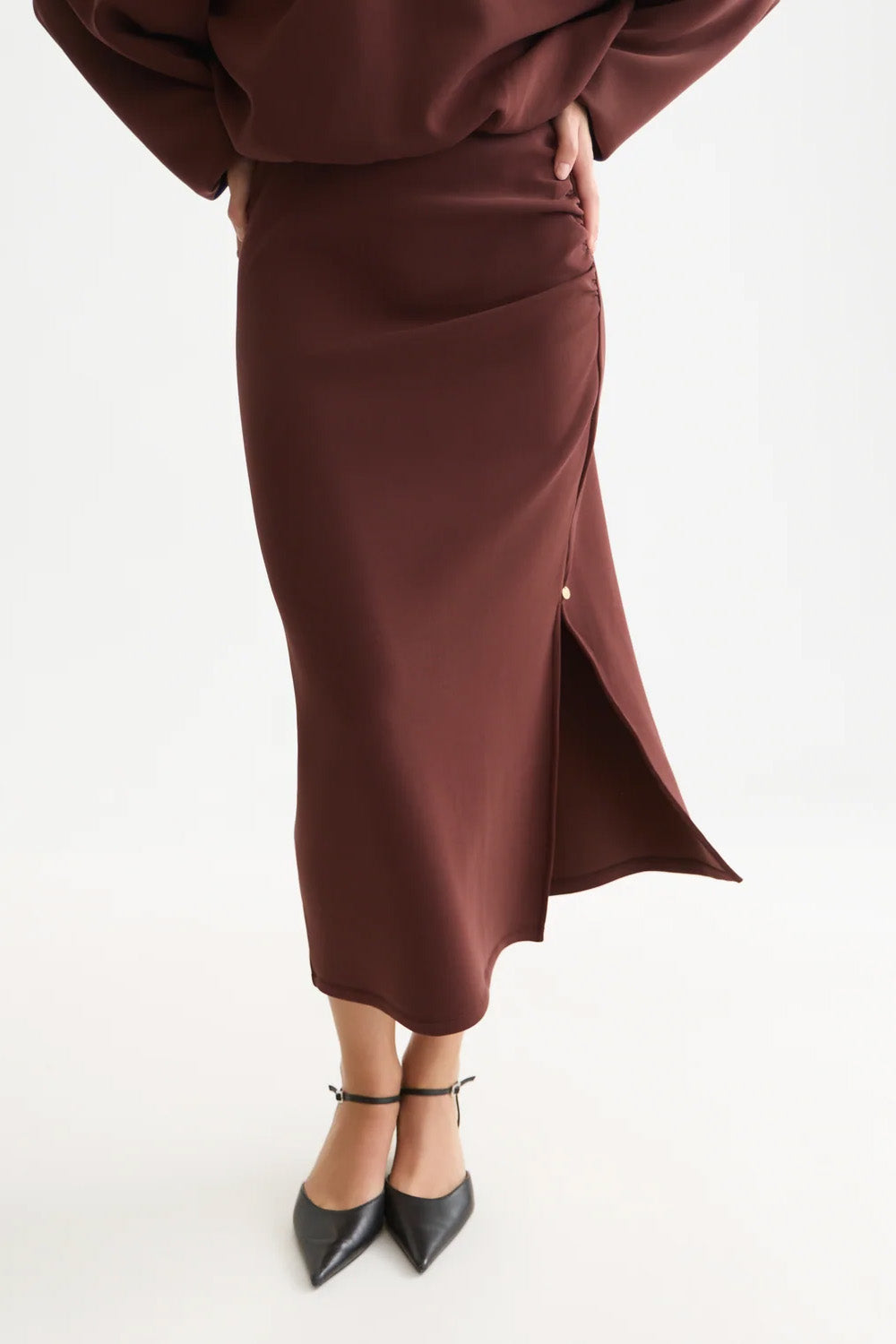 Scotch & Soda Drapey Tencel Skirt in Bitter Chocolate — Side view