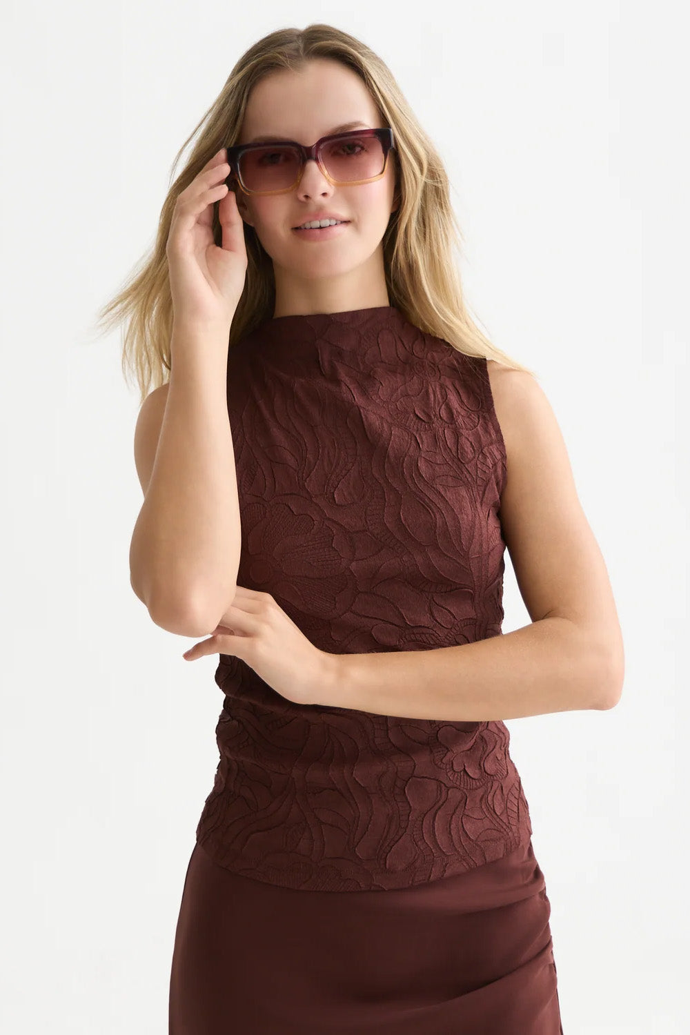 Scotch & Soda Embossed Pleat Mock Neck Tank in Bitter Chocolate — front view