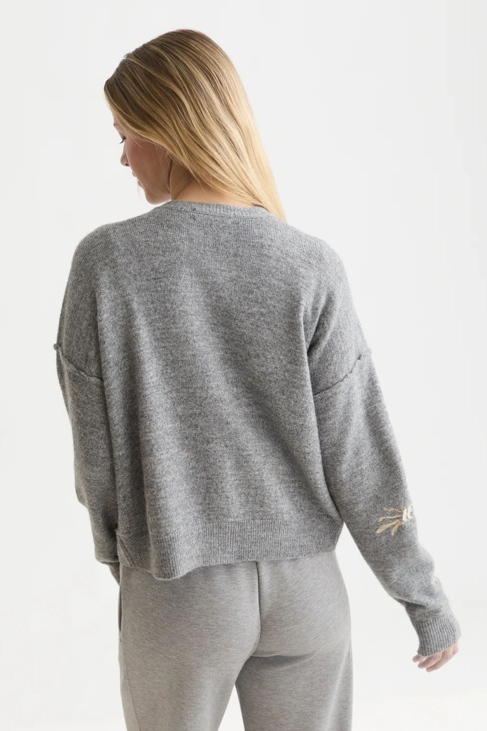 Scotch & Soda Embroidered Crew Neck Cardigan in Grey Melange — Back view