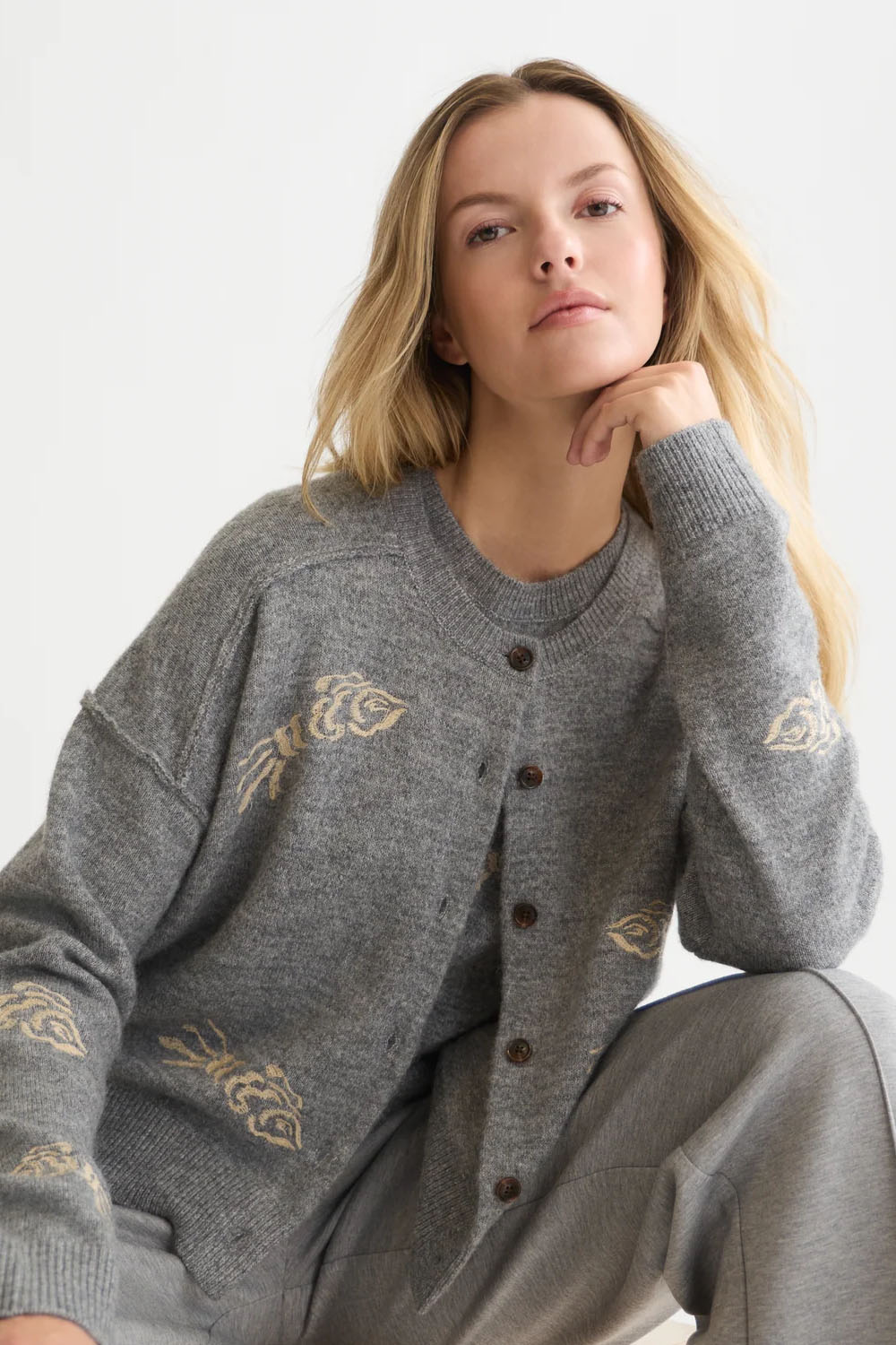 Scotch & Soda Embroidered Crew Neck Cardigan in Grey Melange — Front view