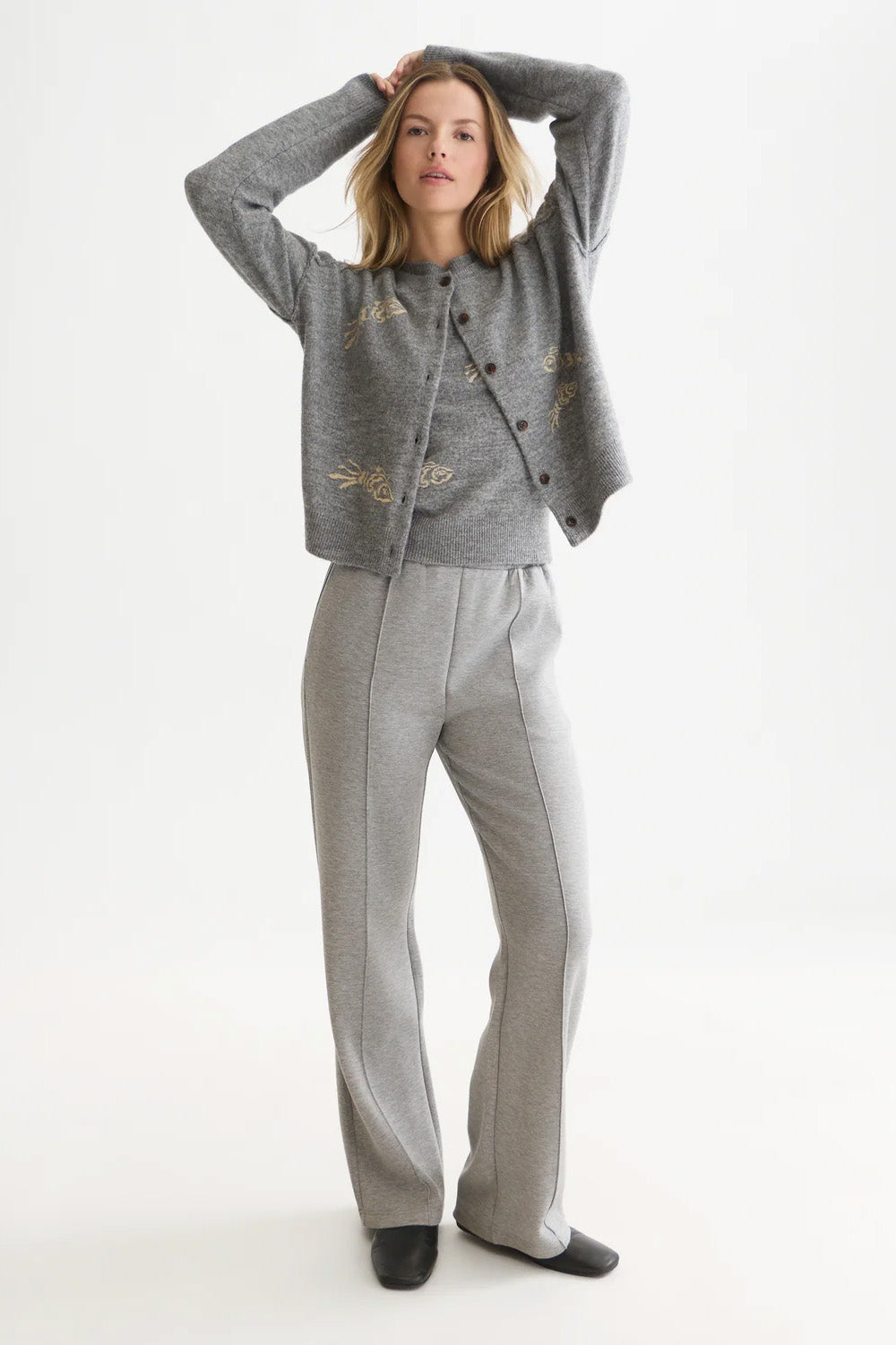 Scotch & Soda Embroidered Crew Neck Cardigan in Grey Melange — Full-body view