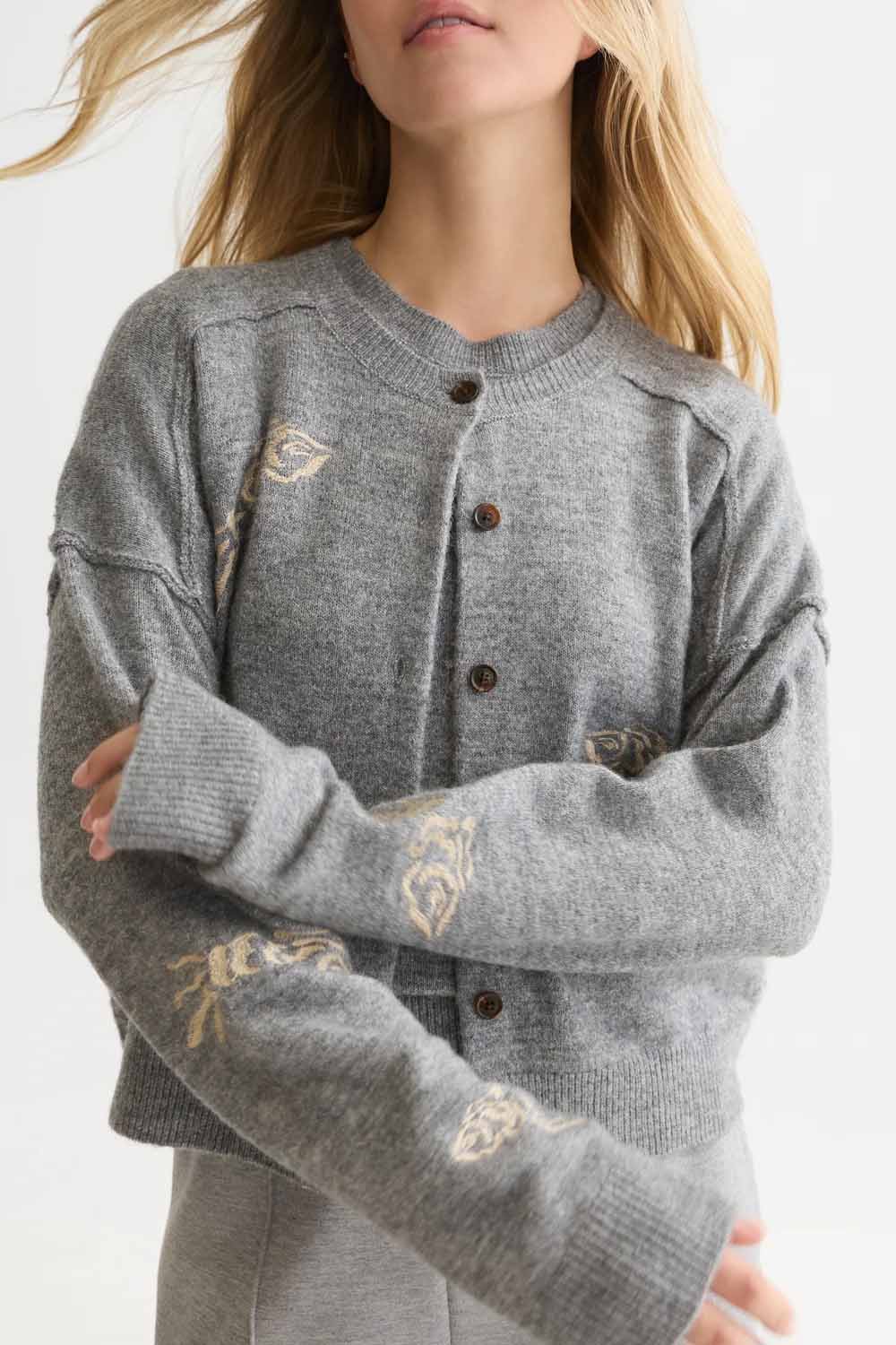 Scotch & Soda Embroidered Crew Neck Cardigan in Grey Melange — Model view