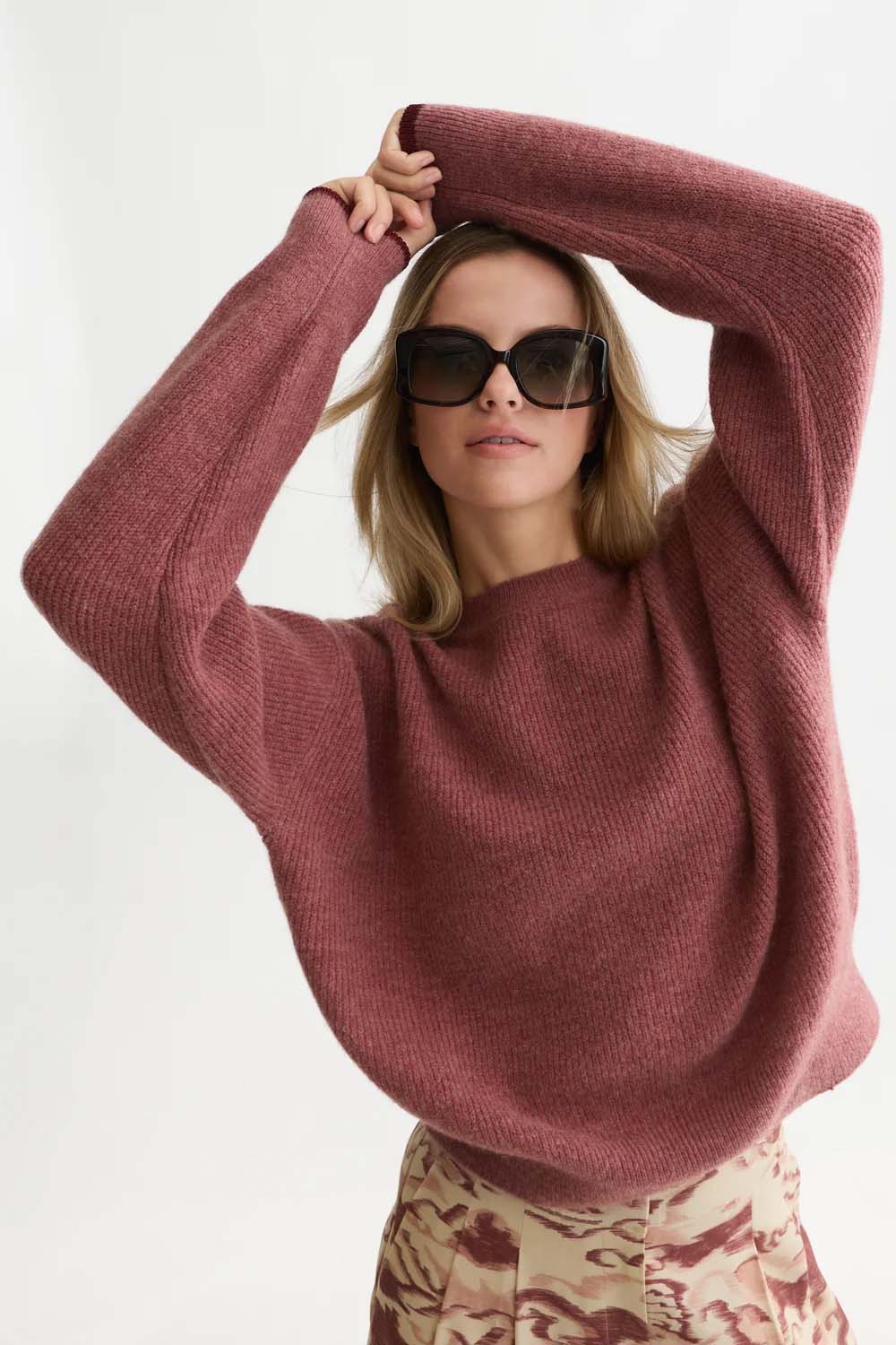 Scotch & Soda Fuzzy Crew Neck Pullover in Withered Rose Melange — front view, arms raised