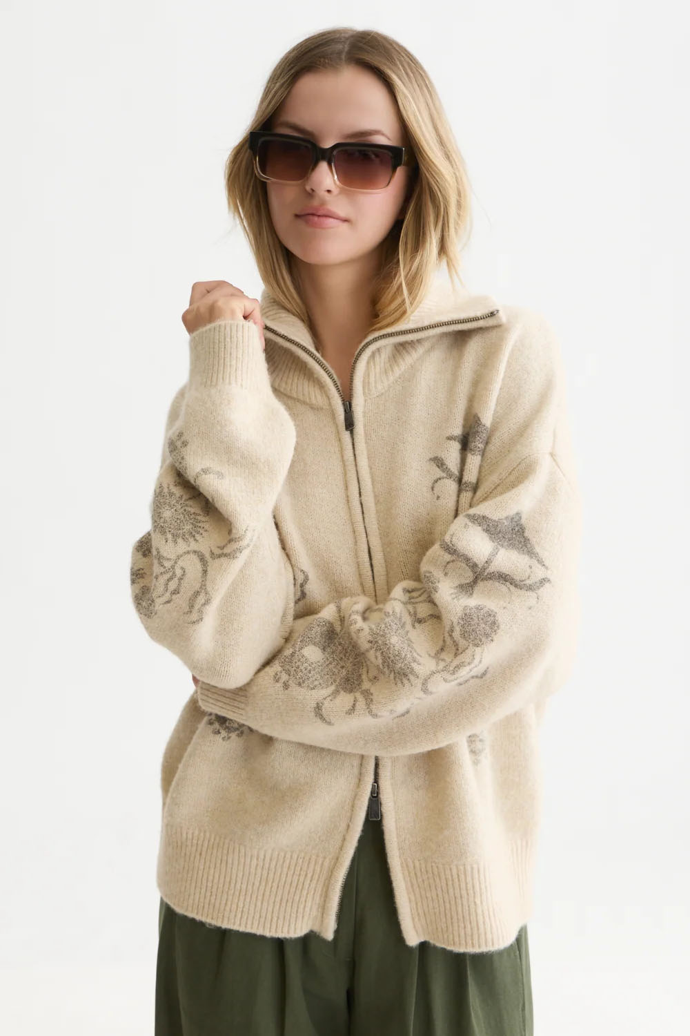Scotch & Soda Printed Zip-Through Cardi in Fog Melange — Front view