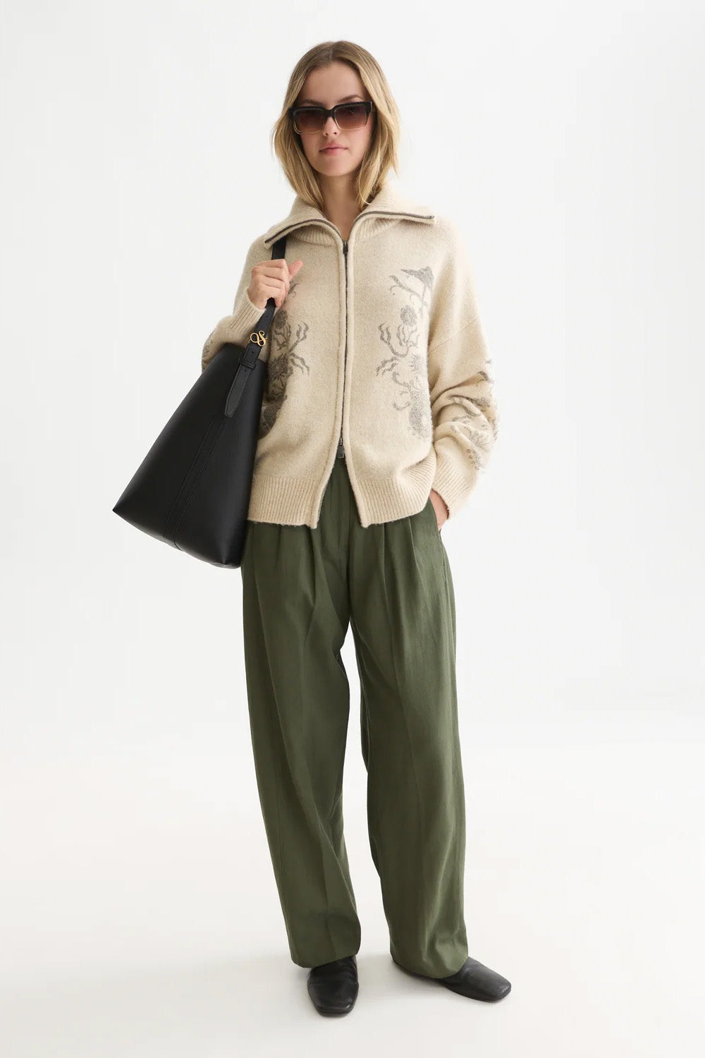 Scotch & Soda Printed Zip-Through Cardi in Fog Melange — Full-body view