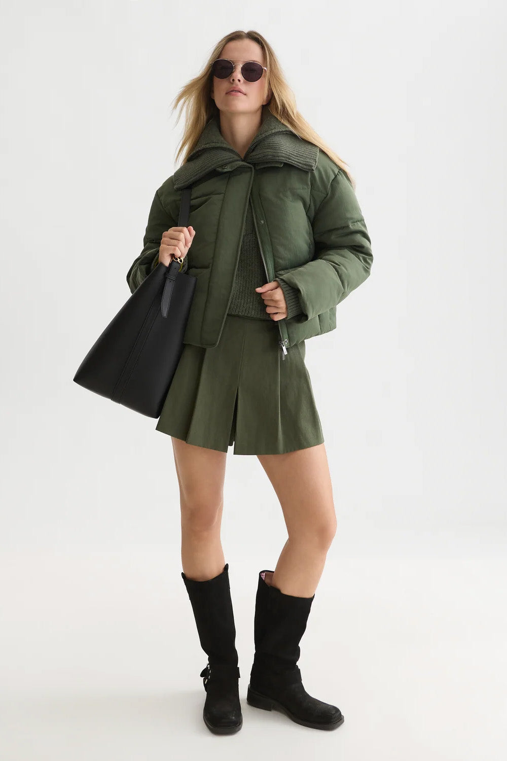 Scotch & Soda Rib Collar Short Puffer in Thyme — Full-body view