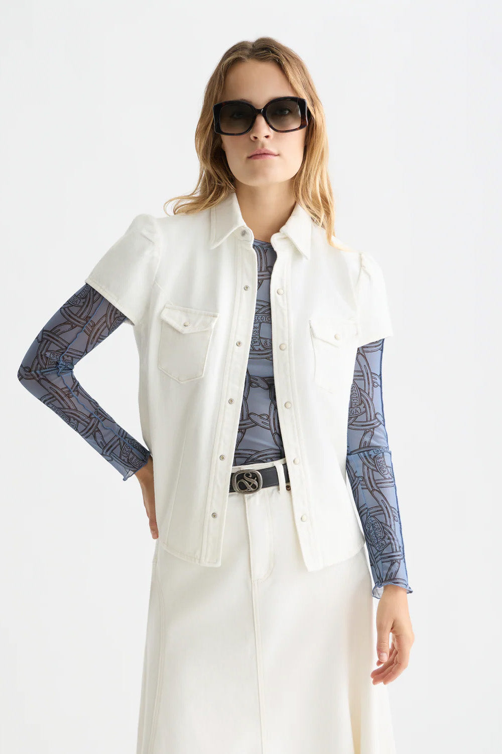 scotch and soda cap sleeve denim shirt stardust white front