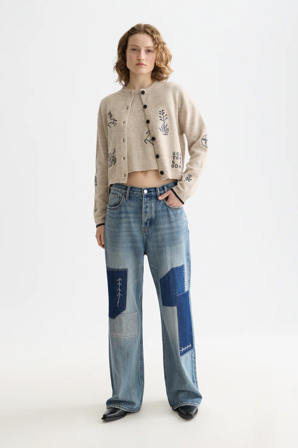 scotch and soda embroidered crewneck cardigan oatmeal melange