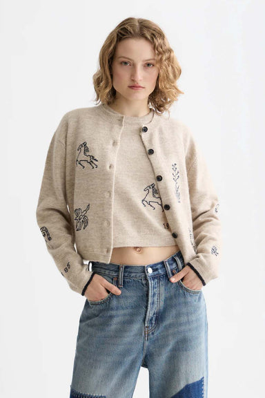 scotch and soda embroidered crewneck cardigan oatmeal melange front