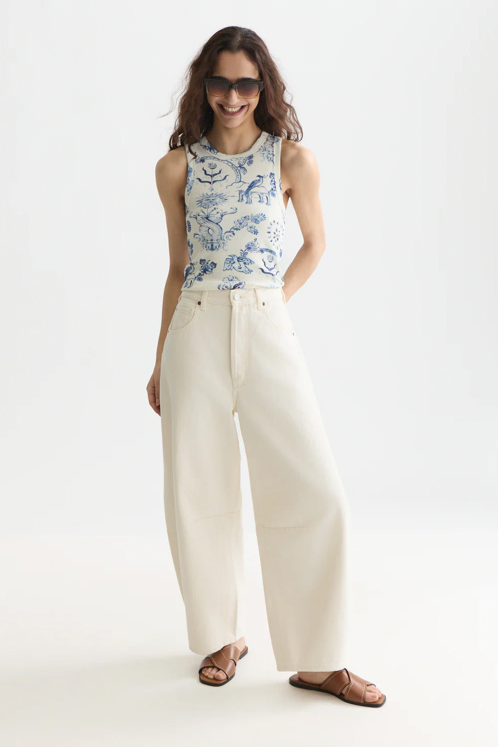 scotch and soda printed rib racer tank delft tiles blue 