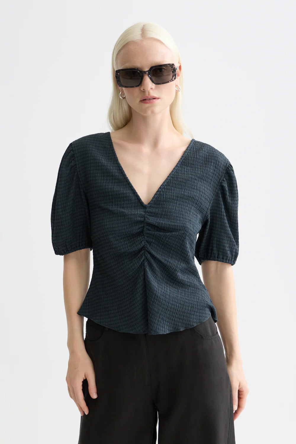 scotch and soda structured v neck top carbon front