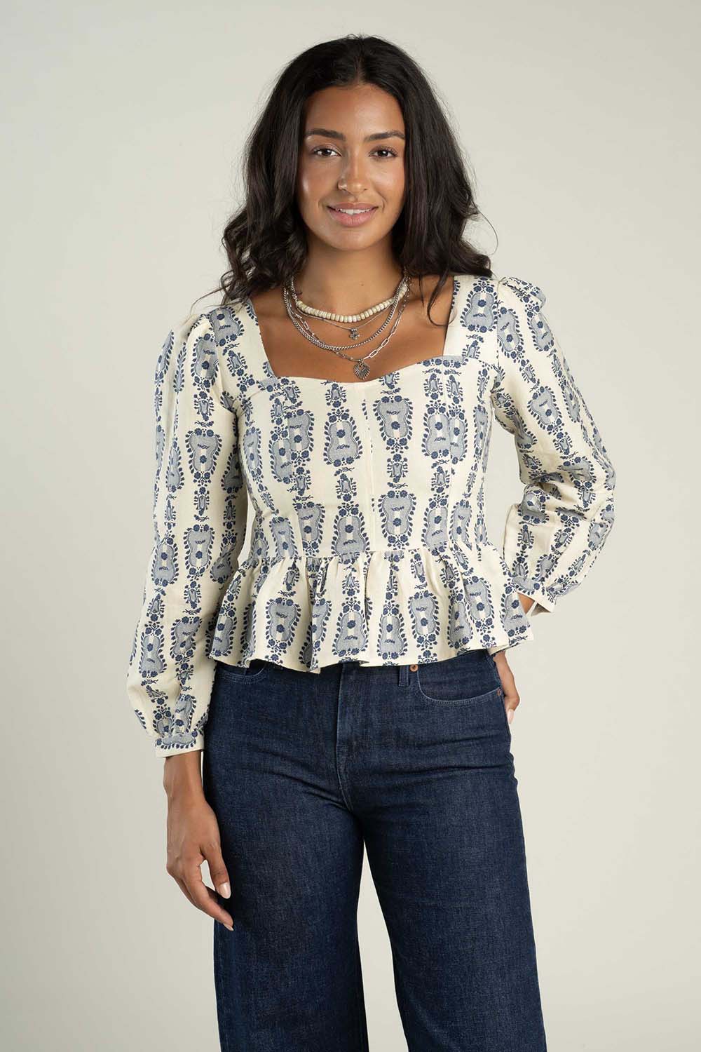 Sendero Ada Blouse in Guitar Stripe Cream — Front view