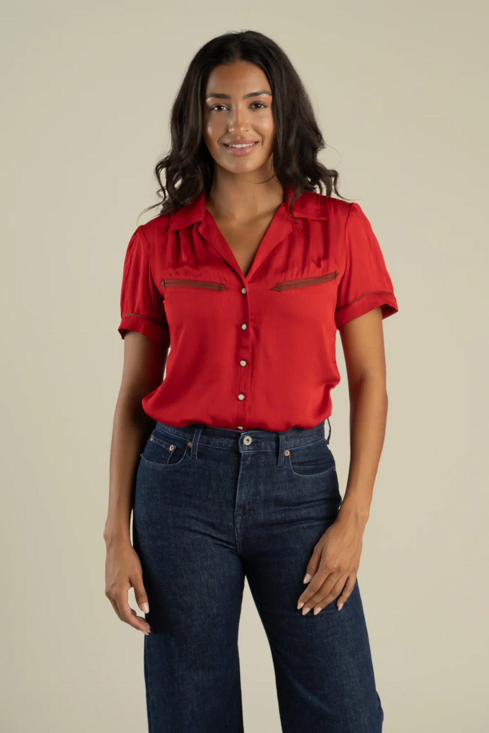 Sendero Cheyenne Western Blouse in Crimson — Front view, close crop