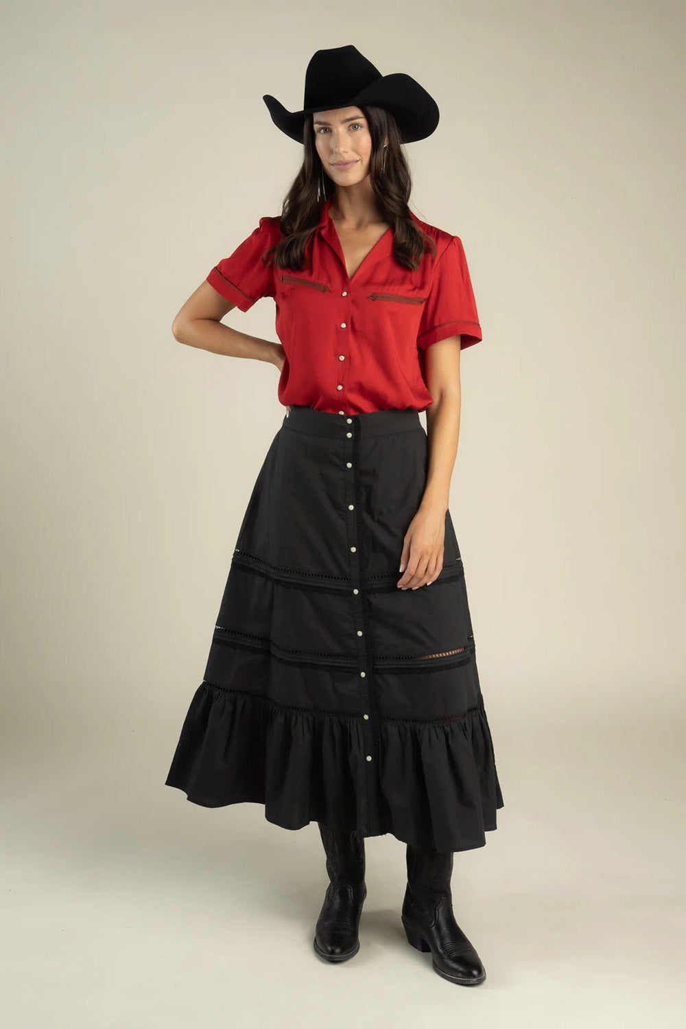 Sendero Cheyenne Western Blouse in Crimson — Full-body view, styled