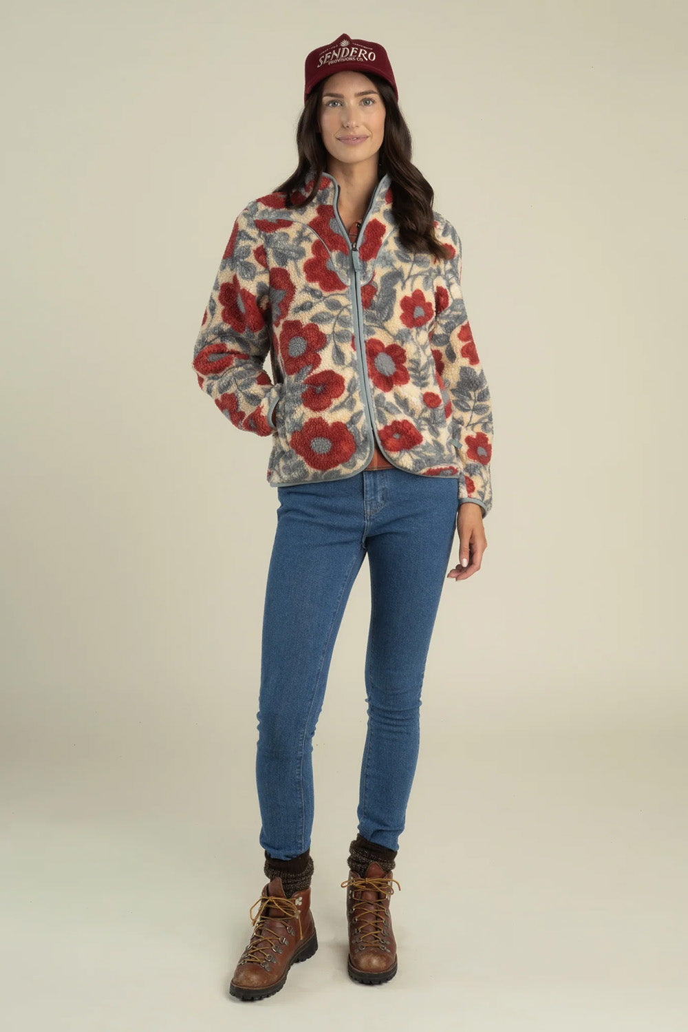 Sendero Sedona Fleece in Desert Floral Rosado — Full-body view, styled