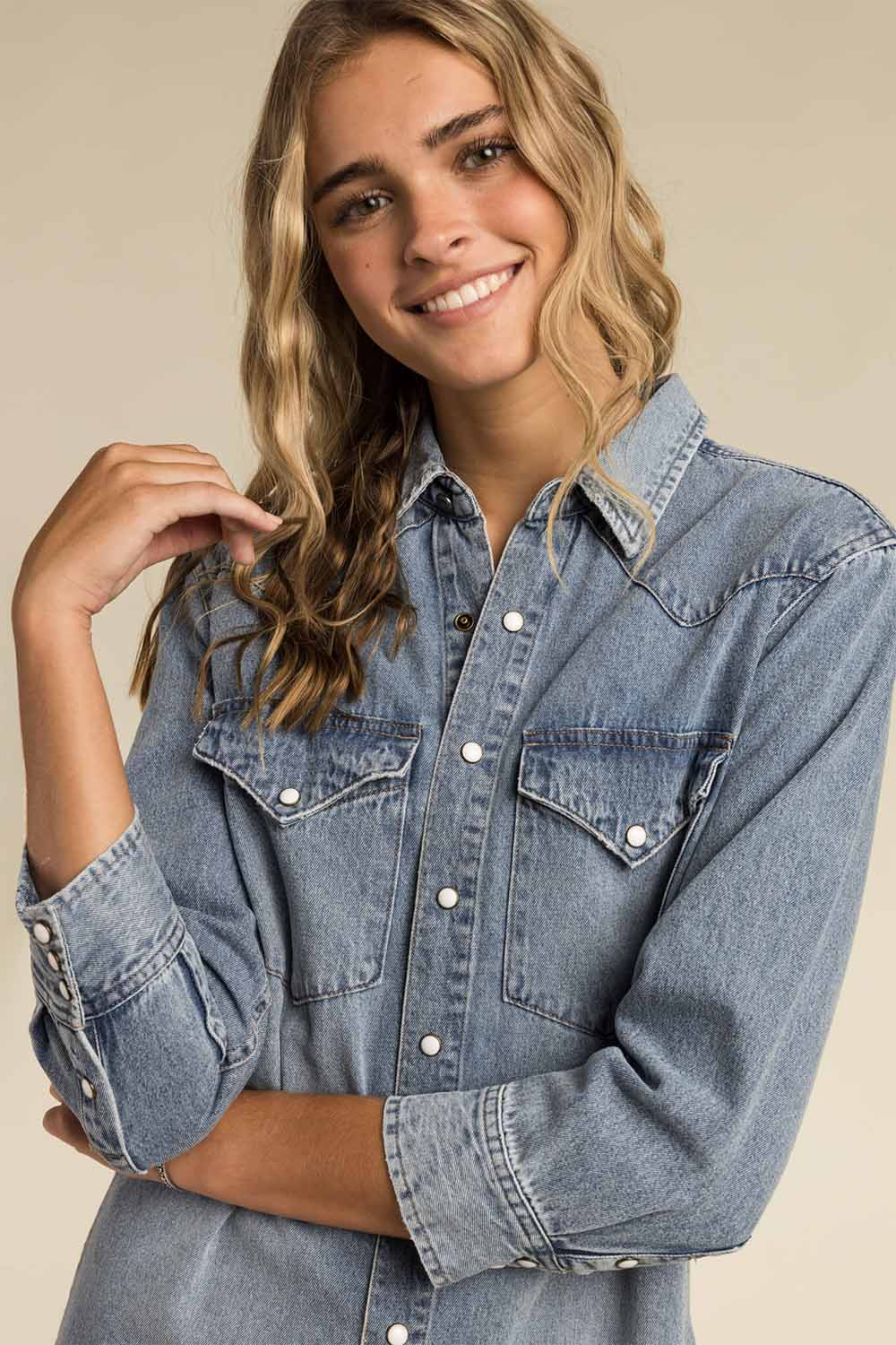 Sendero - Annie Pearl Snap Shirt Dress - Classic Denim - Detail