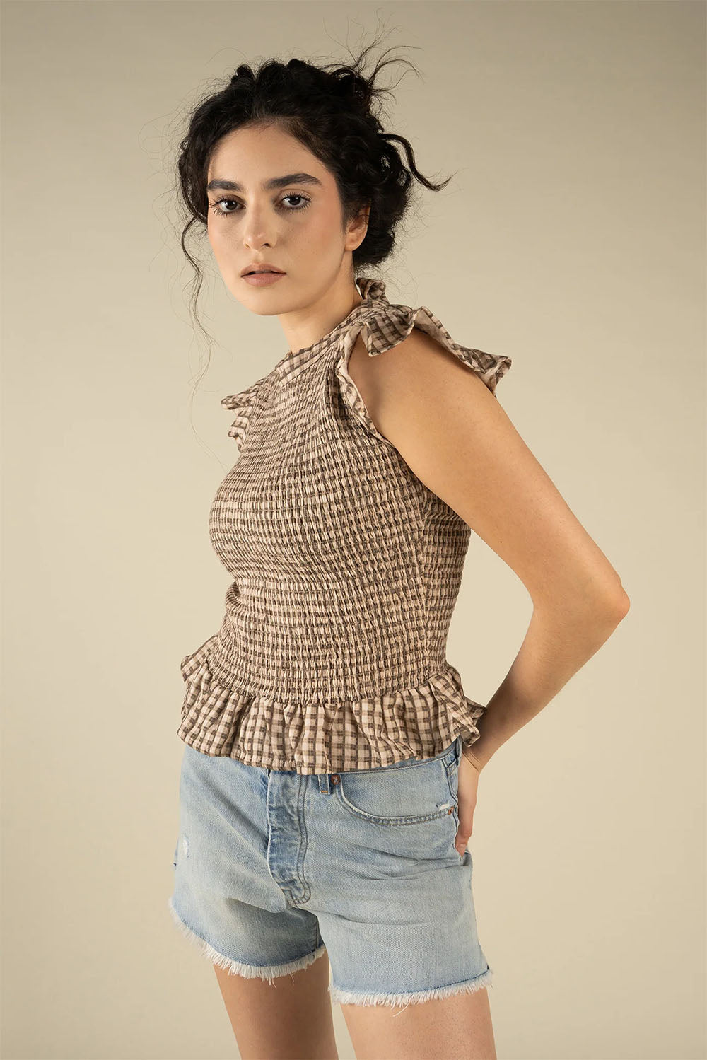 sendero hattie smock top brown cream side