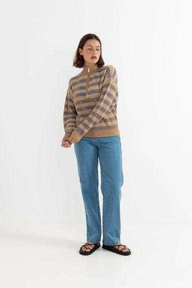 Rhythm - Estelle Quarter Zip Striped Knit - Cobalt