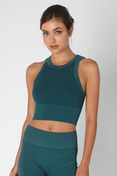 Niki Biki - Vintage Ribbed High Neck Crop Top - Emerald Teal - Front