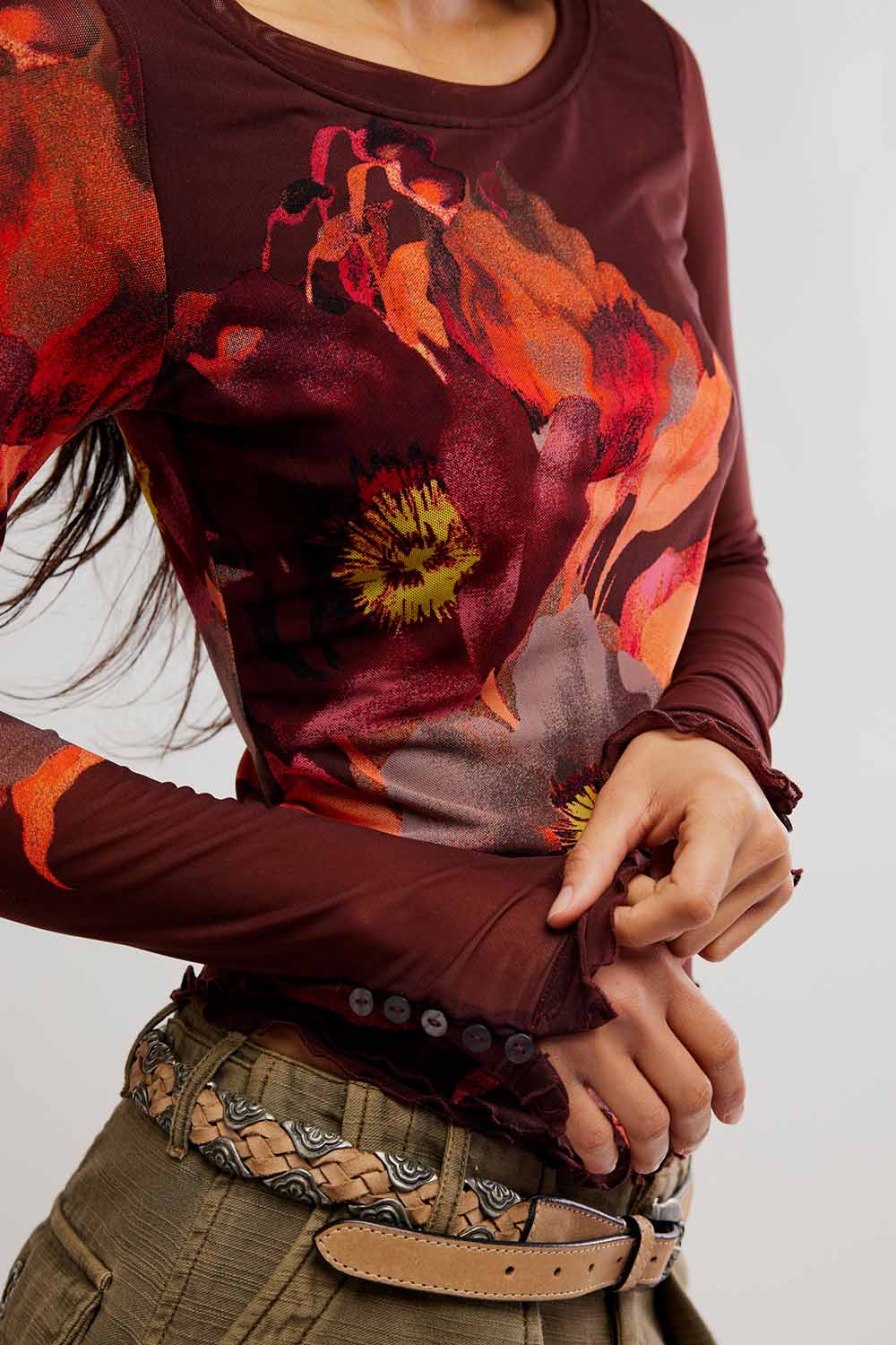 Free People - Lilly Printed Long Sleeve - Cocoa Combo - Detail