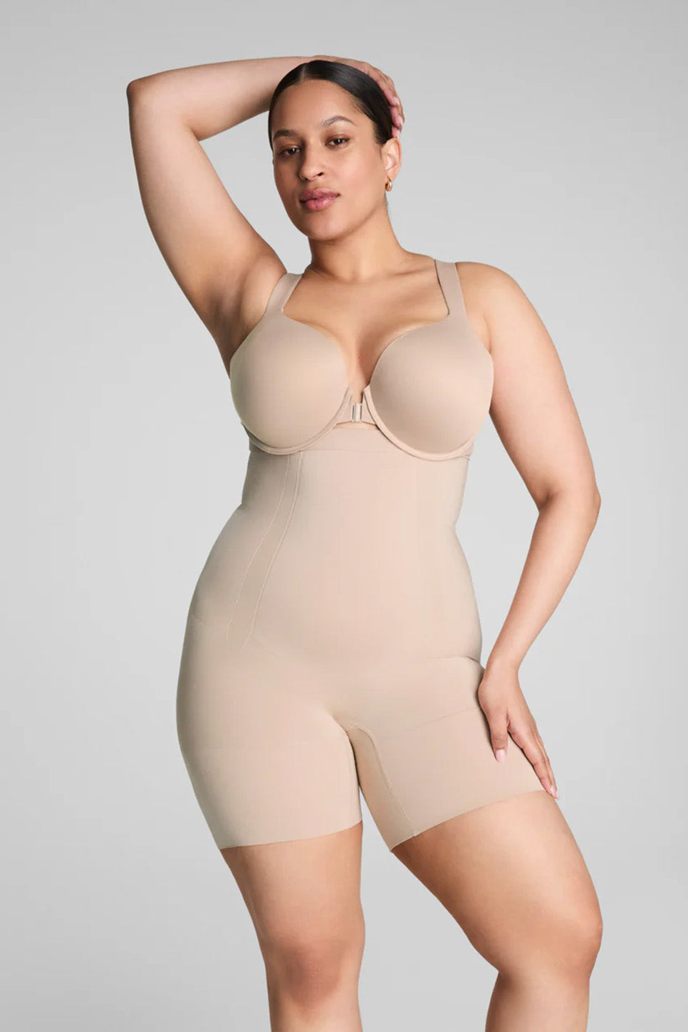 spanx oncore high waisted mid thigh in oat plus front view