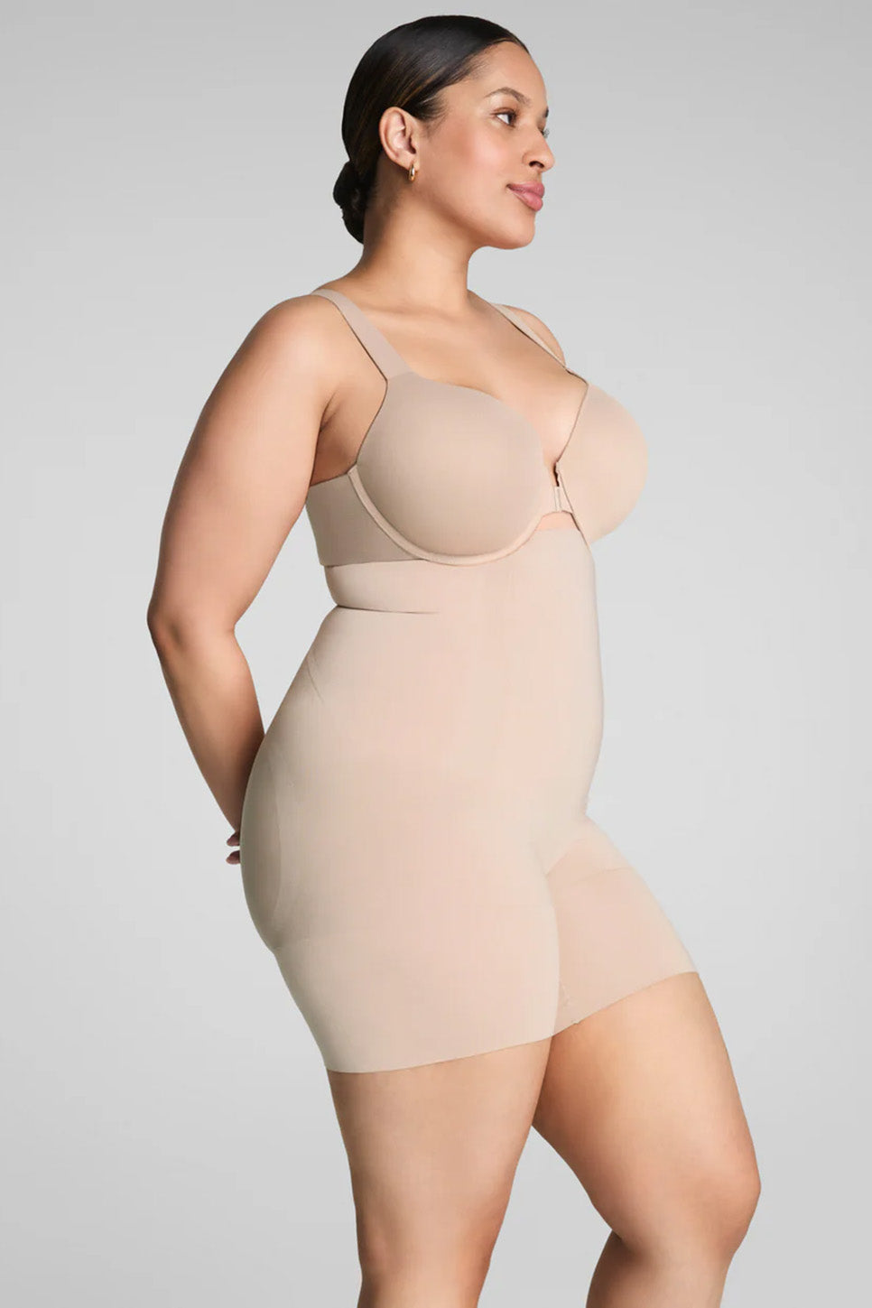 spanx oncore high waisted mid thigh in oat plus side view