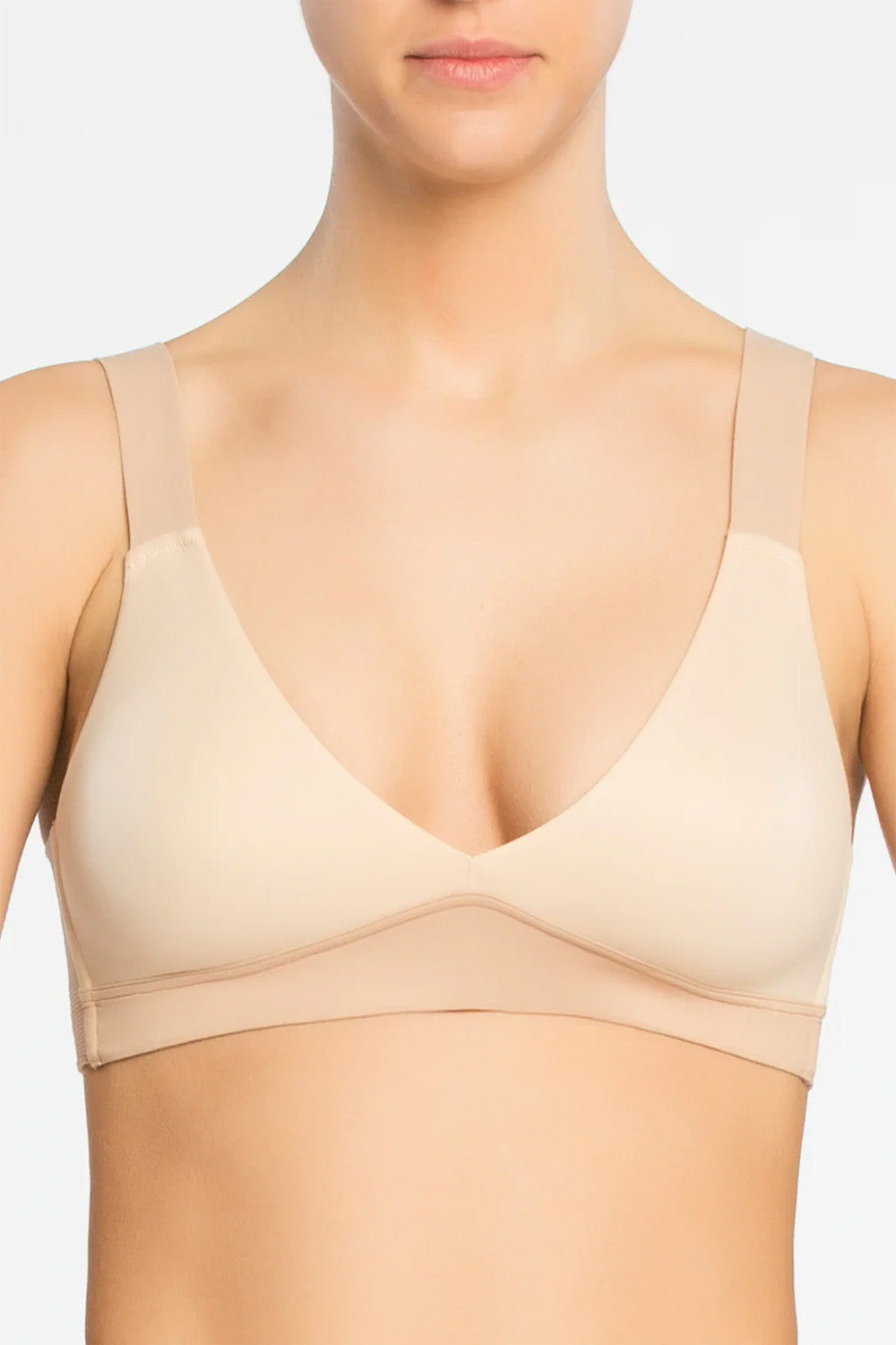 spanx unlined bralette in crem brulee and toasted oatmeal front view