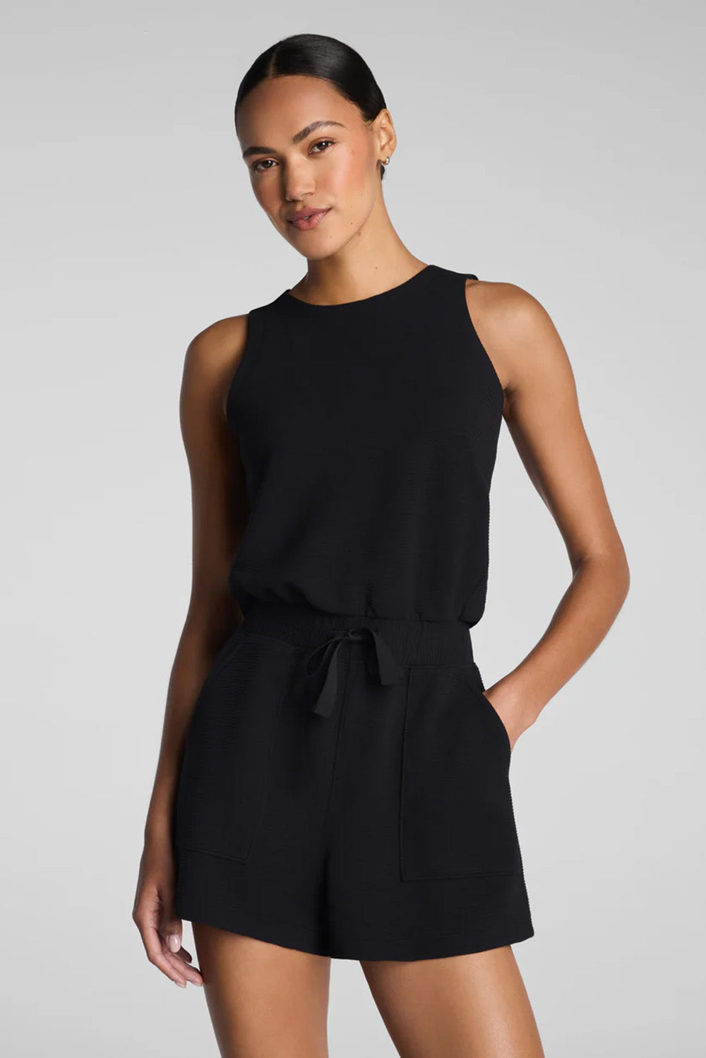 spanx airessentials french rib romper very black front