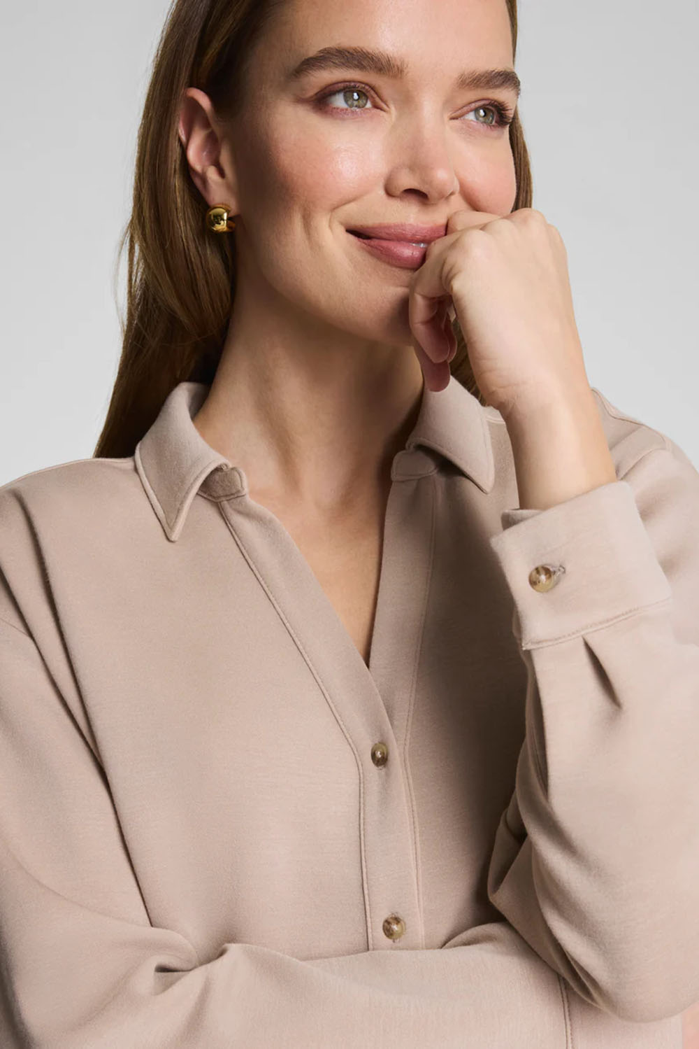 spanx airessentials oversized button down dune detail