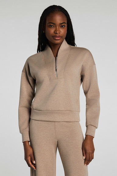 spanx airessentials shawl collar half zip dune heather front