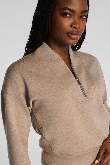 spanx airessentials shawl collar half zip dune heather front detail